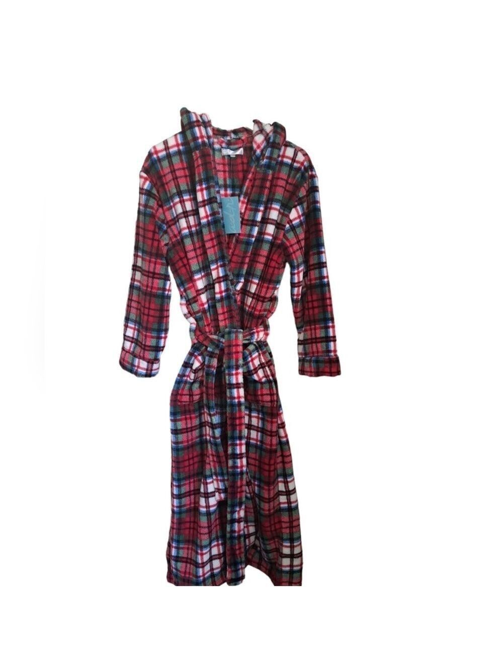 ALEXANDER DEL ROSSA plush plaid hooded bathrobe check robe COZY coastal TAGS SM